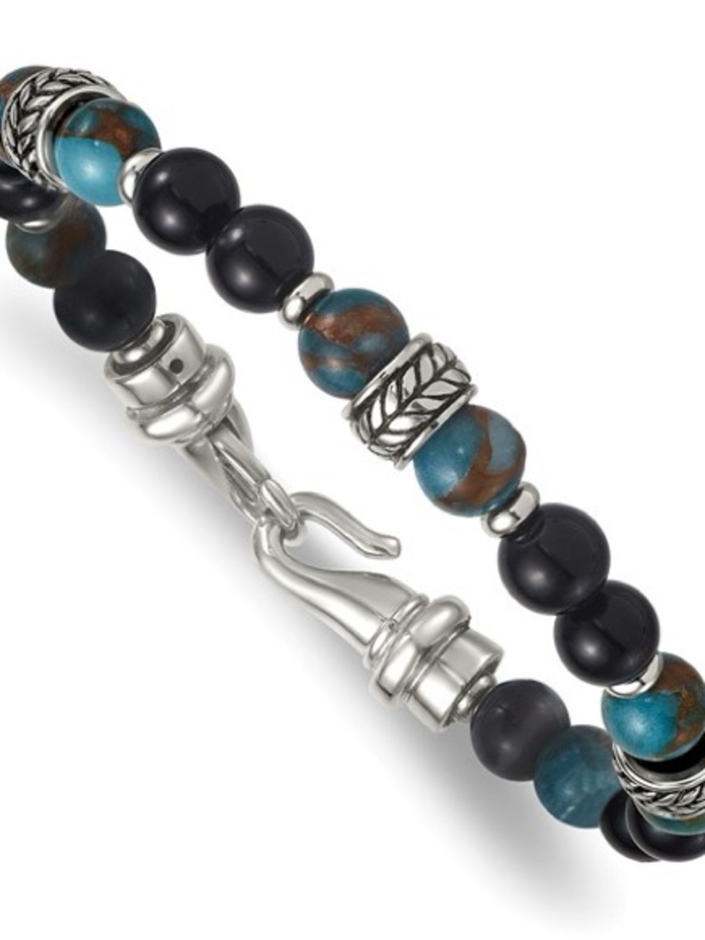 Man’s Stainless Steel Light Blue & Black Onyx Beaded Bracelet (8.5 in)